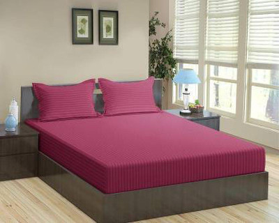 kashi Satin Double Flat 200 TC Striped Bedsheet(Pack of 1, Maroon)