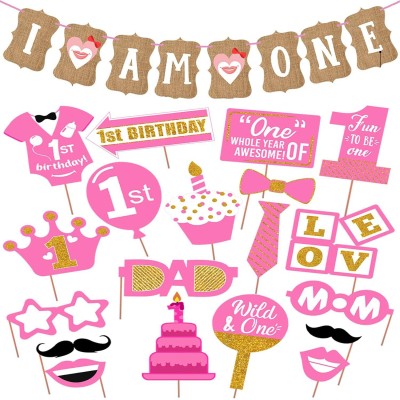 ZYOZI 1 Set I Am One Banner For Girls and 19 Piece Photo Booth Props For Girl Decoration 1st Birthday Decoration for Girls,First Birthday Decoration Items for Girls Combo Total 20 Pcs(Set of 20)