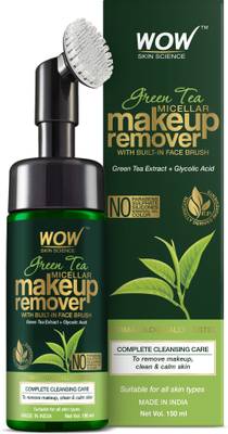 WOW SKIN SCIENCE Green Tea Makeup Remover With Built-In Face Brush (MICELLAR) - No Parabens, Sulphate, Silicones, Mineral Oil, Color - 150mL