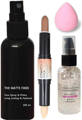 Plethora Makeup Fixer + 2 in 1 3D Contour Stick Highlighter + Spounge Puff(4 Items in the set)