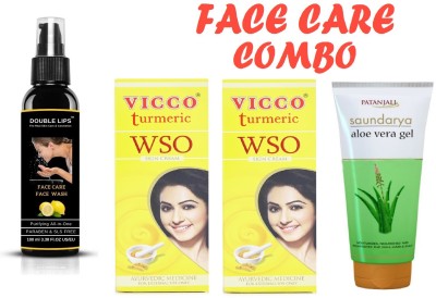 DOUBLE LIPS Face Care Herbal Lemon Face Wash 100 Ml & Vioco Turmeric WSO Skin Cream 15g Pack Of 2 With Patanjali Aloevera Gel 60 ml(3 Items in the set)