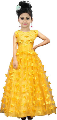 Manav fashion Girls Maxi/Full Length Casual Dress(Yellow, Sleeveless)