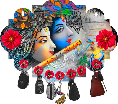 Brothers Creation Radha Krishna Beautiful Home Wooden Key Holder Wood Key Holder(7 Hooks, Multicolor)
