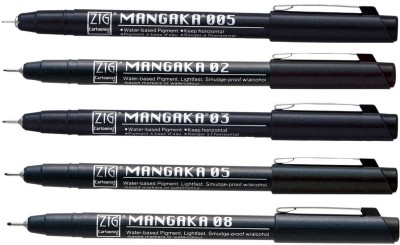 Zig KURETAKE CARTOONIST MANGAKA 010 BLACK PIGMENT MICRON LINER PENS (01 02 03 05 08) PACK OF 5 PCS Fineliner Pen(Pack of 5, Black)