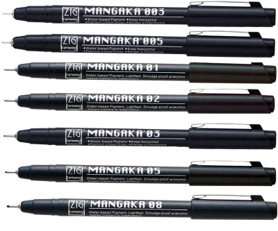 Zig KURETAKE CARTOONIST MANGAKA 010 BLACK PIGMENT MICRON LINER PENS (003 005 01 02 03 05 08) PACK OF 7 PCS Fineliner Pen(Pack of 7, Black)