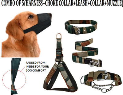 Hachiko Premium Quality Army Printed Dog Body Belt Harness+Collar+Leash+Muzzle+Choke Collar For All Large Breed Dogs.(Combo of 5) Dog Harness & Leash(Medium, Army,Black)