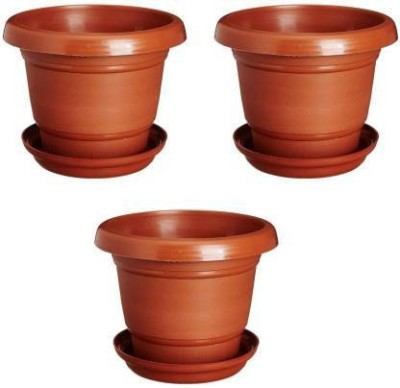 Ramanuj (Pack of 3 with tray) 14 inches Heavy Duty Plastic High Quality Planters For Gardening Indoor/Outdoor Brown Plant Container Set For Big Gardens ,Restaurants ,balcony ,School Gardens and Terrace Plant Container Set(Pack of 3, Plastic)