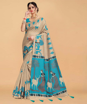 Wama Fashion Printed, Self Design, Animal Print Daily Wear Khadi Silk, Art Silk Saree(Light Blue, Beige) Flipkart