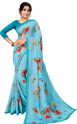 TINA FASHION Floral Print Bollywood Chiffon Saree(Light Blue)