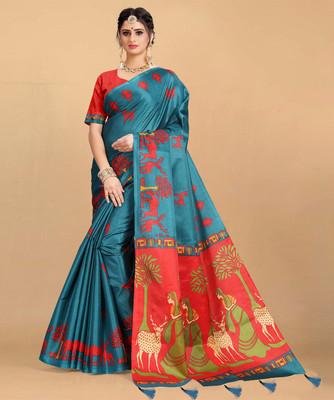 Wama Fashion Printed Daily Wear Khadi Silk, Art Silk Saree(Light Blue) Flipkart