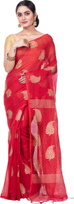 DipDiya Self Design Handloom Cotton Blend Saree(Red, Gold)