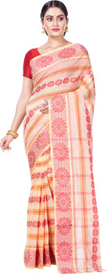 GitAsit Self Design Tant Pure Cotton Saree(Red, White)