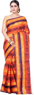 GitAsit Self Design Tant Pure Cotton Saree(Multicolor, Orange)