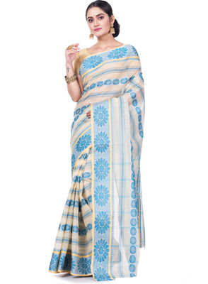 GitAsit Self Design Tant Pure Cotton Saree(Light Blue, White)
