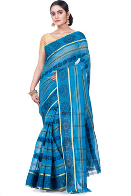 GitAsit Self Design Tant Pure Cotton Saree(Blue)