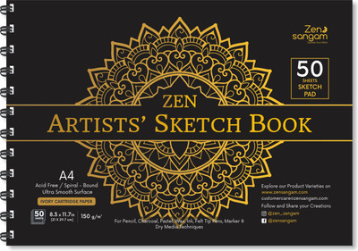 Zen Sangam Express your Mind Artists' A4 Sketch Pad Drawing Notebook (Spiral), 50 Sheets(100 Pages) 21x29.7cm, 150 GSM Acid Free Ivory Cartridge Paper for Pencils,Fineliners,Crayons,OilPastels,Light Watercolour-Mandala Sketch Pad(50 Sheets)