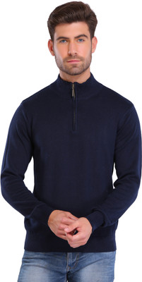 Joe Hazel Solid Turtle Neck Casual Men Dark Blue Sweater