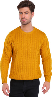 Joe Hazel Self Design Round Neck Casual Men Yellow Sweater
