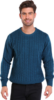 Joe Hazel Self Design Round Neck Casual Men Blue Sweater