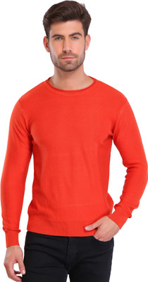 Joe Hazel Solid Round Neck Casual Men Orange Sweater