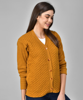 eWools Solid V Neck Casual Women Yellow Sweater