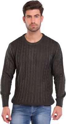 Joe Hazel Self Design Round Neck Casual Men Green Sweater