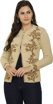 chatanya Floral Print Round Neck Casual Women Beige Sweater