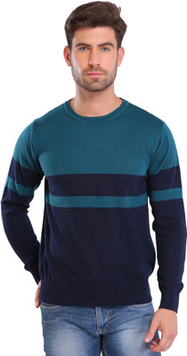 Joe Hazel Striped Round Neck Casual Men Blue Sweater