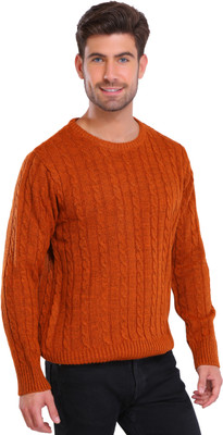 Joe Hazel Self Design Round Neck Casual Men Orange Sweater