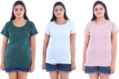 KEOTI Conversational Women Round Neck Dark Green, Light Blue, Pink T-Shirt