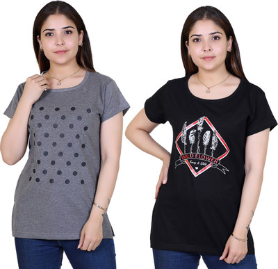Ogarti Printed Women Round Neck Black T-Shirt