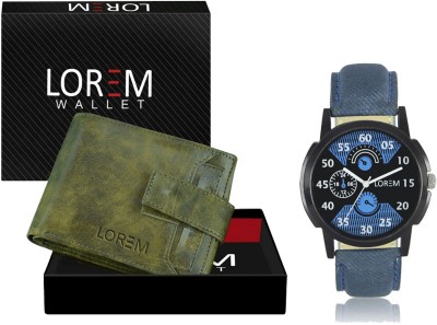 LOREM WL22-LR02 Combo Of Blue Wrist Watch & Green Color Artificial Leather Wallet Analog Watch  - For Men