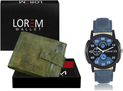 LOREM WL22-LR02 Combo Of Blue Wrist Watch & Green Color Artificial Leather Wallet Analog Watch  - For Men