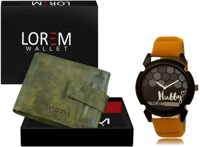 LOREM WL22-LR32 Combo Of Orange Wrist Watch & Green Color Artificial Leather Wallet Analog Watch  - For Men