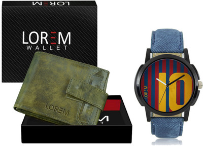 LOREM WL22-LR10 Combo Of Blue Wrist Watch & Green Color Artificial Leather Wallet Analog Watch  - For Men