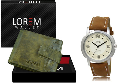 LOREM WL22-LR16 Combo Of Brown Wrist Watch & Green Color Artificial Leather Wallet Analog Watch  - For Men