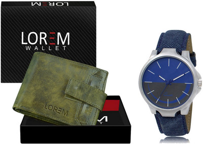 LOREM WL22-LR24 Combo Of Blue Wrist Watch & Green Color Artificial Leather Wallet Analog Watch  - For Men
