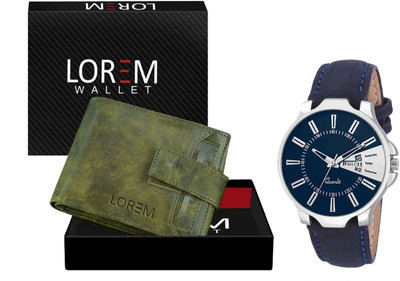 LOREM WL22-LR23 Combo Of Blue Wrist Watch & Green Color Artificial Leather Wallet Analog Watch  - For Men