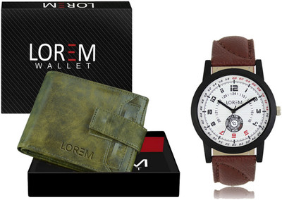 LOREM WL22-LR11 Combo Of Tan Wrist Watch & Green Color Artificial Leather Wallet Analog Watch  - For Men