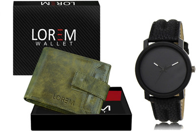 LOREM WL22-LR21 Combo Of Black Wrist Watch & Green Color Artificial Leather Wallet Analog Watch  - For Men