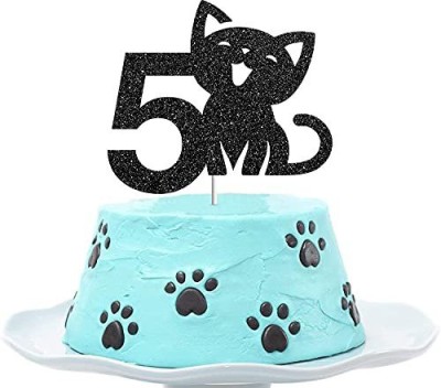 ZYOZI Cat Five Cake Topper, Happy 5th Birthday Cake Decor, I'm Five Sign, Kitty Birthday Party Decoration Supplies, Meow Sign - Black Glitter Cake Topper(BLACK Pack of 1)