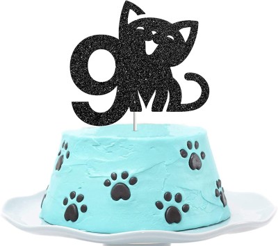 ZYOZI Cat Nine Cake Topper, Happy 9th Birthday Cake Decor, I'm Nine Sign, Kitty Birthday Party Decoration Supplies, Meow Sign - Black Glitter Cake Topper(BLACK Pack of 1)