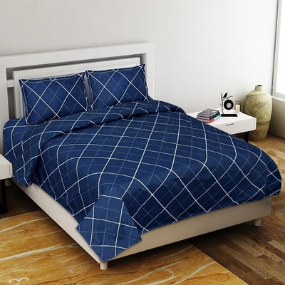 ganpati traders 200 TC Polycotton Double Checkered Flat Bedsheet(Pack of 1, Blue)