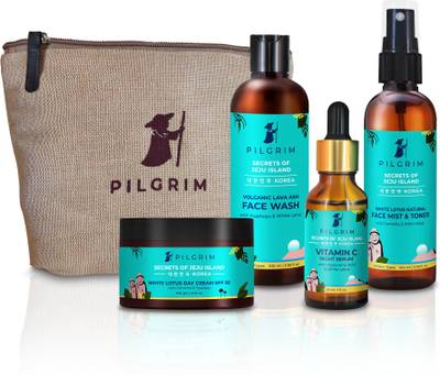 Pilgrim Jeju Skin Clarifying & Brightening Combo Pack with Jute Bag | Face Wash 100ml, Face Mist & Toner 100ml, Day Cream with SPF50 100gm, Vitamin C Night Serum 30ml | All Skin Type | Men & Women | Korean Beauty
