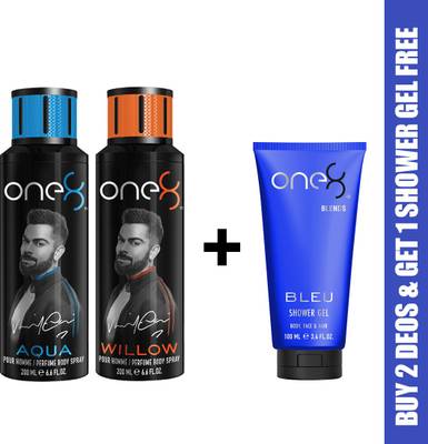 one8 by Virat Kohli One8 Combo Buy 2 Deo's(Aqua+Willow) and Get 1 Shower Gel Free (Bleu) Deodorant Spray  -  For Men  (500 ml, Pack of 3)