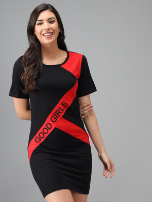 FUNDAY FASHION Women Bodycon Black, Red Knee Length Dress
