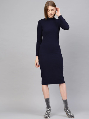 SASSAFRAS Women Bodycon Dark Blue Midi/Calf Length Dress