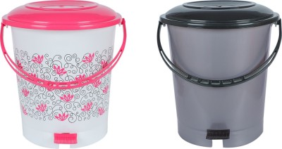 Randal New Unique Flower Printed & Plain Combo Design Standard Plastic Pedal Bin ( 12 L - 2 pcs ) ( Multicolor ) Plastic Dustbin(Pink, Grey, Pack of 2)