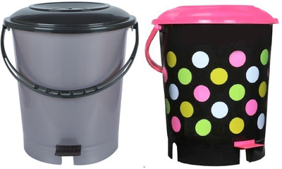 AK HUB New Unique Doted Printed & Plain Combo Design Standard Plastic Pedal Dustbin ( 12 L - 2 pcs ) Plastic Dustbin(Multicolor, Pack of 2)