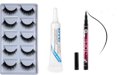 CRISTEN 5 Pair False Eyelashes, Glue, and 36 Hrs Black eyeliner (7 Items in the set) (Pack of 7)(Pack of 7)